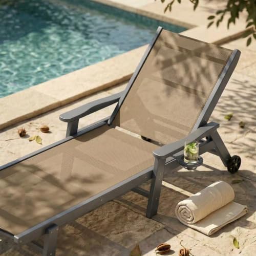 Outdoor HDPE Chaise Lounge Chairs Set of 6, Textilene Pool Loungers - Image 3
