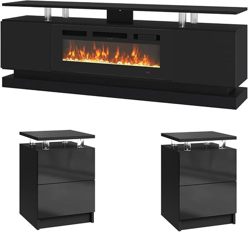 3-Piece Modern Living Room Table Set, Includes High Gloss 70" Fireplace TV by Nordivale