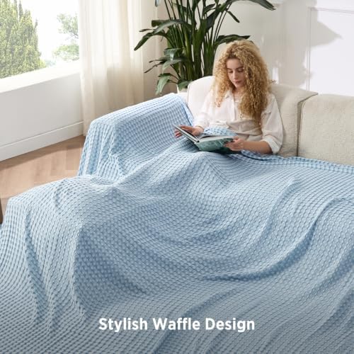 Bedsure Cooling Waffle Blanket for Hot Sleepers, Light Blue, Oversized King - Image 5