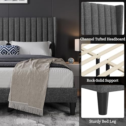 Yaheetech Queen Bed Frame with Headboard, Dark Gray Channel-Tufted Platform - Image 4