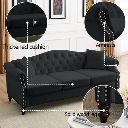 2 Piece Black Velvet 79" 3-Seater and 57" Loveseat Sofa Sets, Chesterfield - Image 3