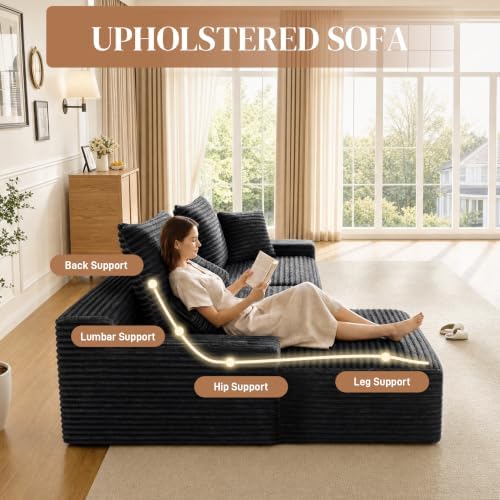 95" L Shaped Cloud Couch Modular Sectional Sofa, Comfy Fluffy Corduroy Black - Image 7