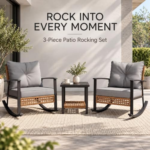 LAUSAINT HOME 3 PCS Wicker Rocking Chair, Outdoor Patio Furniture - Image 7