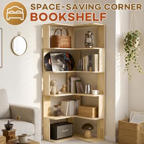 RUNSUNSPRI Tall Corner Bookshelf, 6-Tier Solid Wood L-Shaped Corner Shelf - Image 6