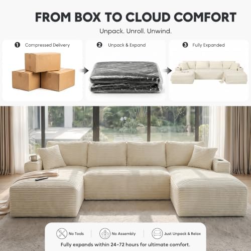133" U-Shaped Modular Sectional Sofa, Corduroy Boneless Couch - Image 6