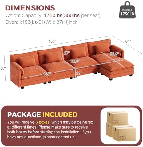ELUCHANG 153" Oversized Modular Sectional Sofa, Comfy Chenille Cloud Couch - Image 2