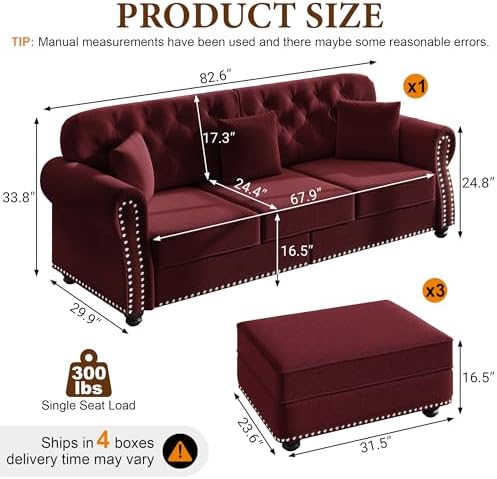 82.6" Velvet Chesterfield Sofa - Image 2