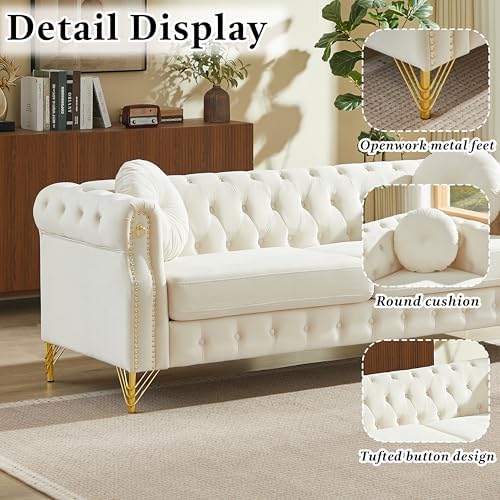 82" Beige 3-Seater Velvet Chesterfield Sofa - Image 3