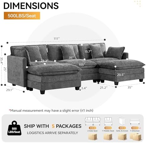 111'' Sectional Cloud Deep Seat Couch, Oversized Chenille U Shaped Sectional - Image 2