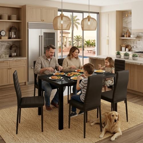Gizoon Black 7 Piece Glass Dining Table Set, Kitchen Table - Image 5
