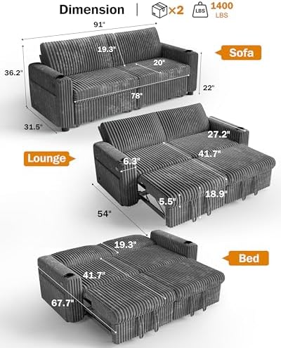 Sunny Heart 91" Plush Corduroy L Shaped Sectional Sleeper Sofa Bed - Image 3