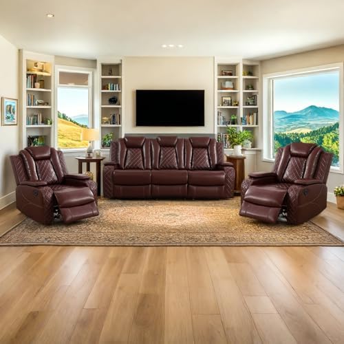 Power Recliner Set with LED Lights, Air Leather Reclining Set with USB by Unknown