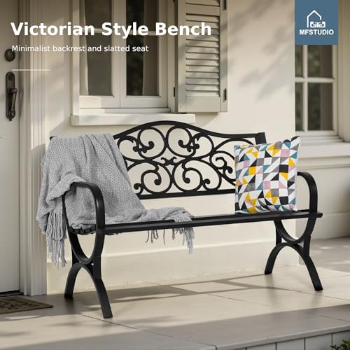 MFSTUDIO 50 Inches Outdoor Garden Bench Cast Iron Metal Frame, Floral Black - Image 4