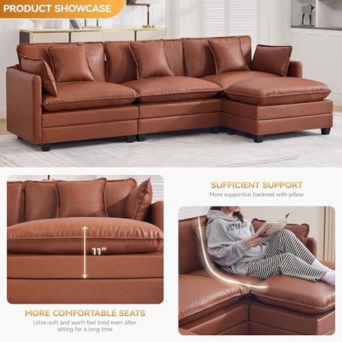111'' Sectional Cloud Deep Seat Couch, Modern Comfy Leather L Shaped Sectional - Image 3