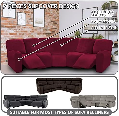 ULTICOR 7-Piece L Shape Sectional Recliner Sofa Covers, Velvet Stretch - Image 2