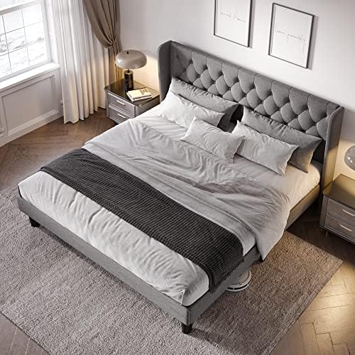 Allewie King Bed Frame with Button Tufted Wingback Headboard, Light Grey - Image 3