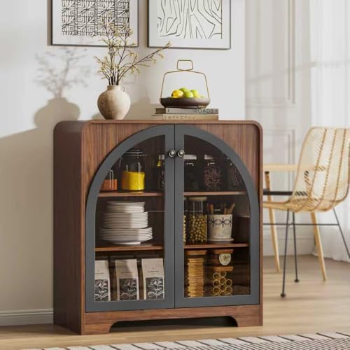 Sideboard Buffet Cabinet with Storage, Arched Glass Doors and Adjustable Shelves - Image 3