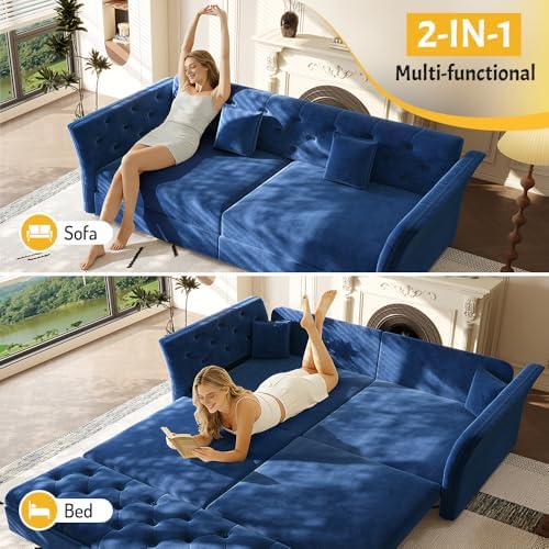 Sleeper Sofa Bed 74.4", Velvet Pull Out Couch, Flower Tufted Sofa - Image 3