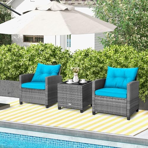 Tangkula 3 Pieces Patio Furniture Set, Outdoor PE Rattan Conversation Chair Set - Image 2