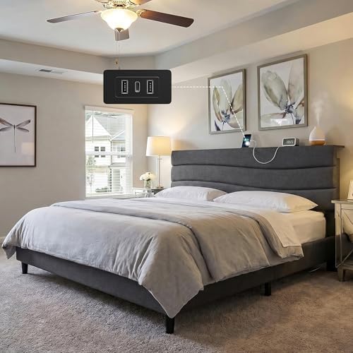 EnHomee King Size Bed with Upholstered Headboard & Charging Station by EnHomee