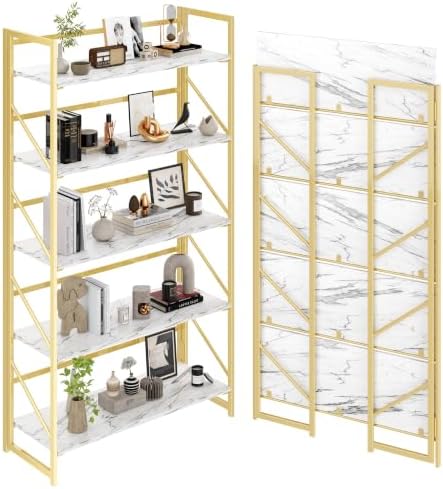 JSB 5 Tier No Assembly Folding Bookshelf, 30.7" Wide Foldable Storage Bookcase by HomeFurniture