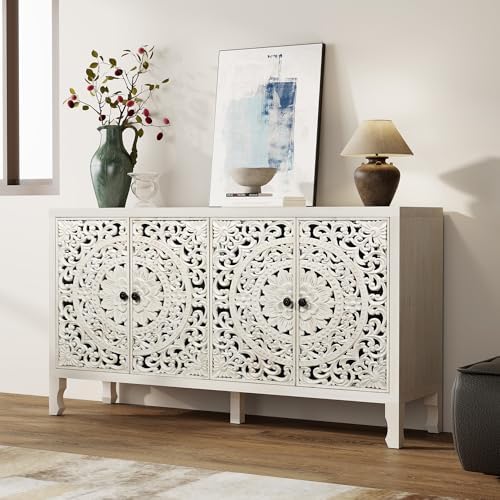 Buffet Cabinet with Storage, Accent Cabinet with 4 Carved Doors, Solid Wood - Image 6