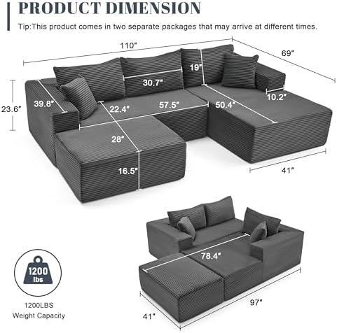 Mangodan 110” Cloud Sectional Couch, Boneless Sofa - Image 3