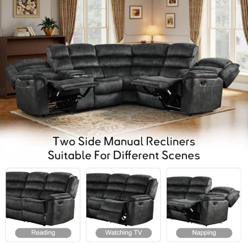 EBELLO Manual Reclining L-Shaped Sectional Sofa Set, Soft Fabric Recliner - Image 6