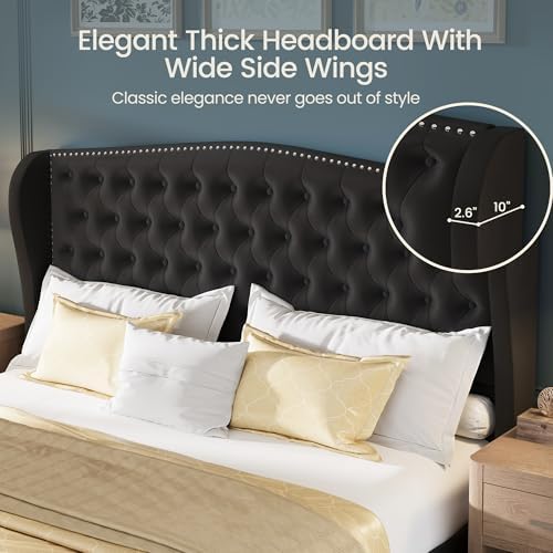 LARMACE California King Size Bed Frame Velvet Upholstered Platform Bed - Image 3
