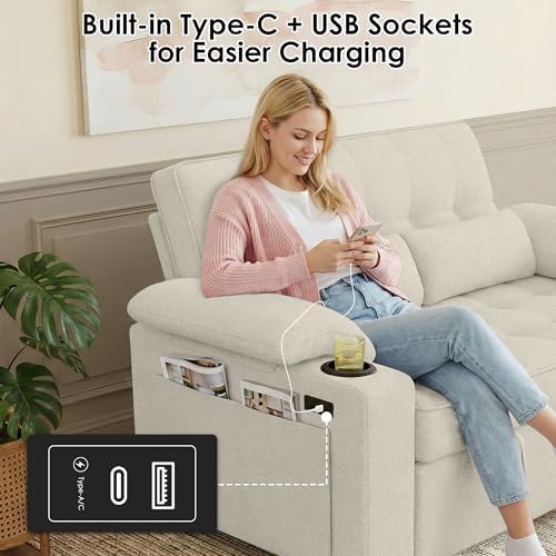 58'' Convertible Sofa Bed with USB Charger and Cup Holders, Teddy Fabric - Image 4