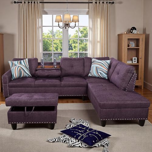 L-Shaped Couch Set, 97.5" L x 69.5" W Sectional Sofas Linen Purple - Image 6