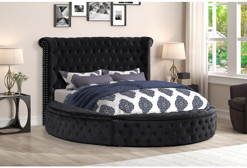 First of a Kind Velvet Tufted Platform Storage Bed, Circle Bed - Image 2