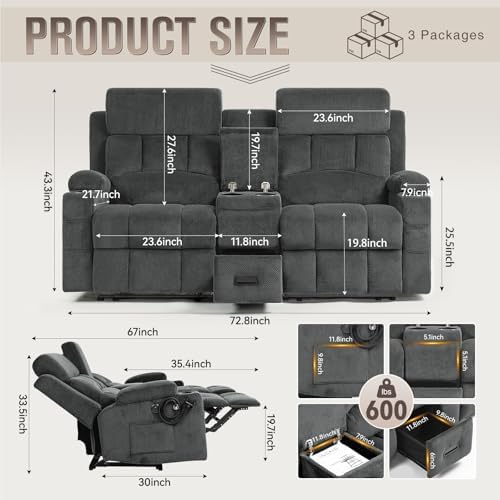 Loveseat Recliner Sofa with Console, Manual Double Reclining Sofa with USB Ports - Image 2