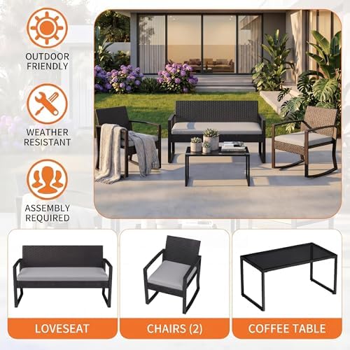 IDEALHOUSE Outside Patio Furniture Set, 4 Piece Outdoor Wicker Rocking Chair - Image 4