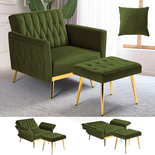 Velvet Accent Chair w/Ottoman & Adjustable Backrest, Olive Green by ACMEASE