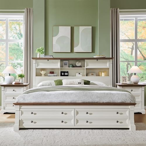Farmhouse Queen Size Bed Frame w/Charging Station 2 Large Footboard Drawers - Image 3