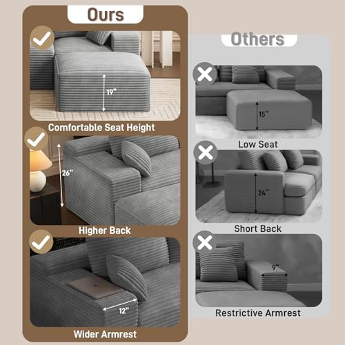 ONEMMLION 108" Oversized Cloud Boneless Couch Modular Sofas, Light Grey - Image 4