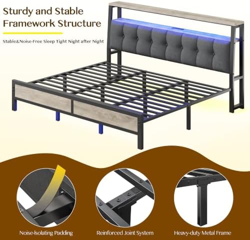 Homkdom King Bed Frame with Upholstered Headboard & Charging Station - Image 7