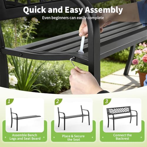FDW | 46" Outdoor Garden Bench | Black | 480lbs Load Capacity - Image 6
