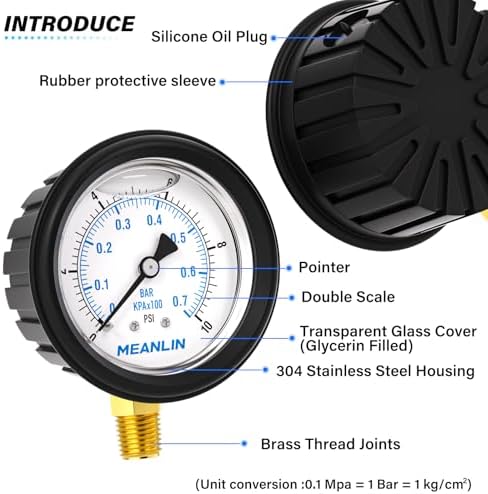 MEANLIN MEASURE 0~10Psi Stainless Steel 1/4" NPT 2.5" FACE DIAL Liquid Filled - Image 4