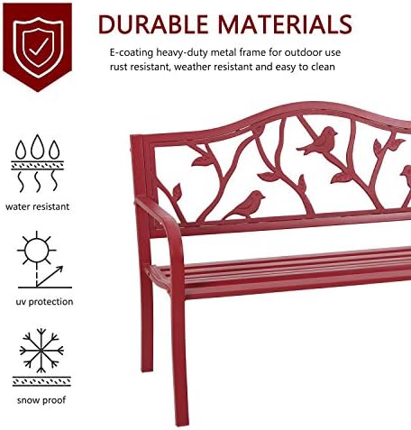 MFSTUDIO 50” Outdoor Garden Bench Cast Iron Metal Bird Pattern Backrest Red - Image 4