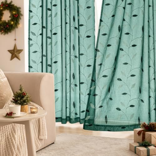 MIULEE Christmas Hunter Green Sheer Curtains Leaf Patterned, W52 x L84 - Image 3