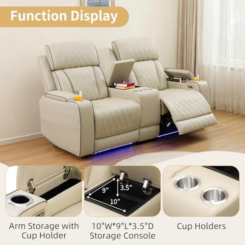 Power Recliner Sofa with LED Lights, Leather Reclining Loveseat with Double - Image 3