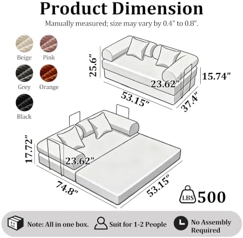 53.15'' Convertible Compressed Corduroy Folding Cloud Sofa Bed, Modern Boneless - Image 2