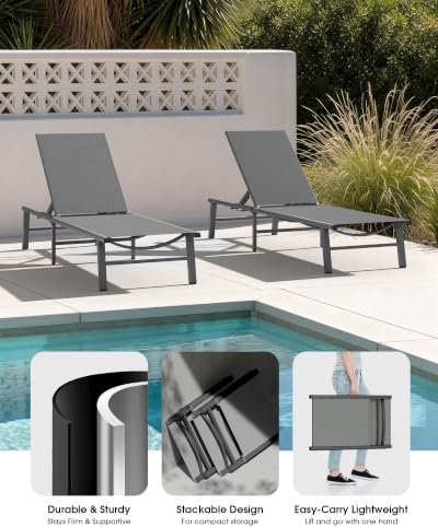 Ciokea Foldable Outdoor Lounge Chair Set of 2, No Assembly Aluminum Chaise - Image 3