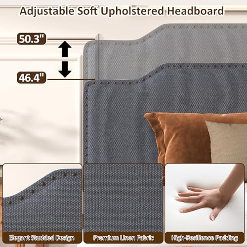Queen Size Bed Frame with Upholstered Headboard, Platform Bed with Soft Linen - Image 3