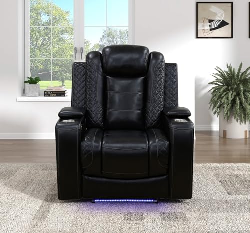Power Recliner Chair with LED Lights, Leather Reclining Couch with Storage by Caberryne