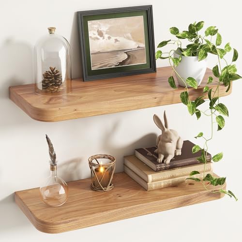 24 inch Floating Shelves for Wall, Elm Wood Rounded Edge by Venusmiles