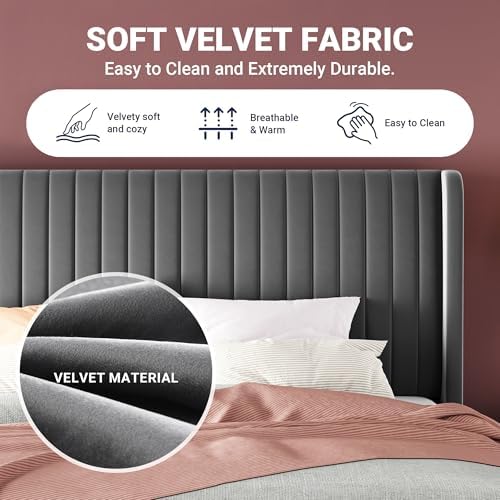 Allewie King Size Velvet Bed Frame/Vertical Channel Tufted Wingback - Image 6