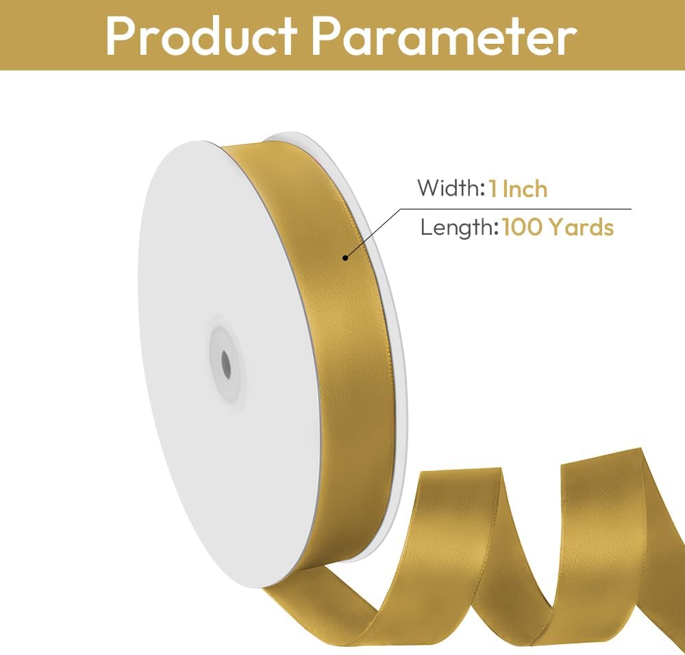 1" Width x 100 Yards Satin Ribbon, Gold Ribbon Perfect for DIY Craft, Bows, Gift Wrapping, Flower Bouquet, Valentine's Day, Christmas and Party Decoration